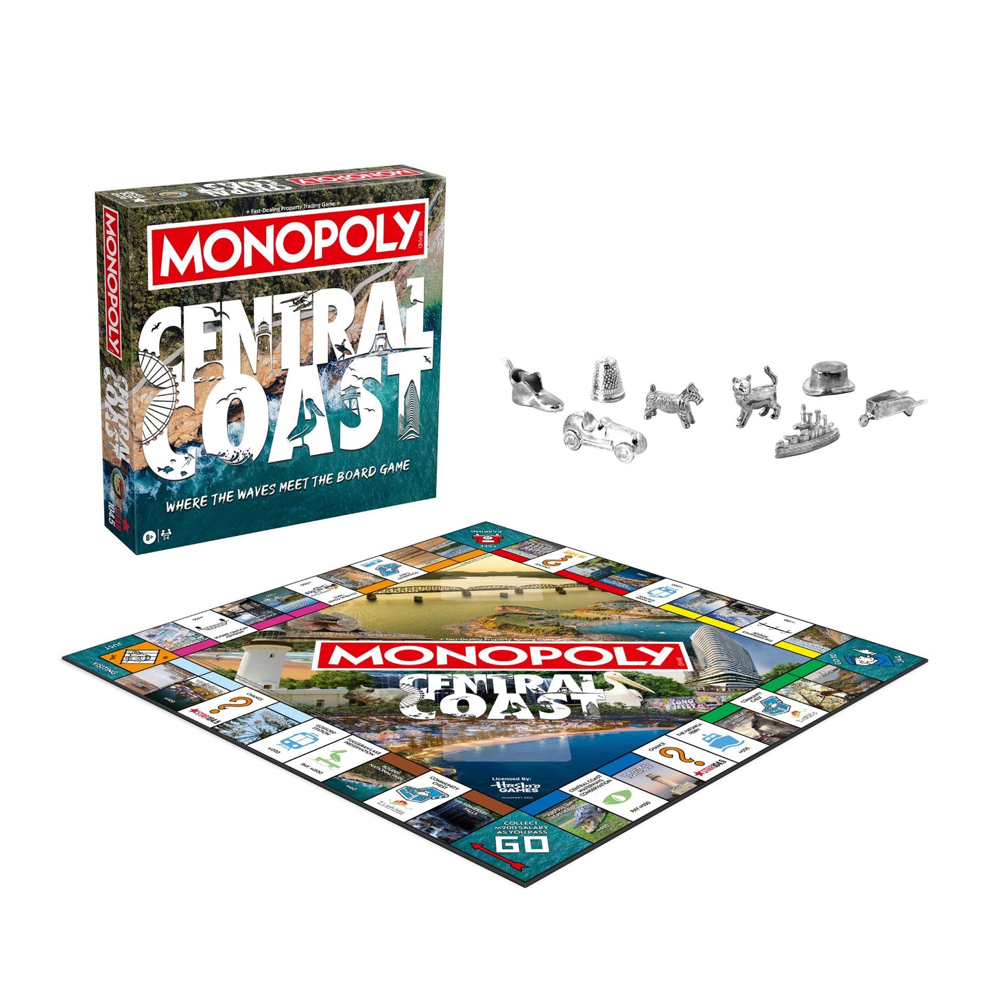 Monopoly Central Coast board game set, including the box, board, and metal playing tokens