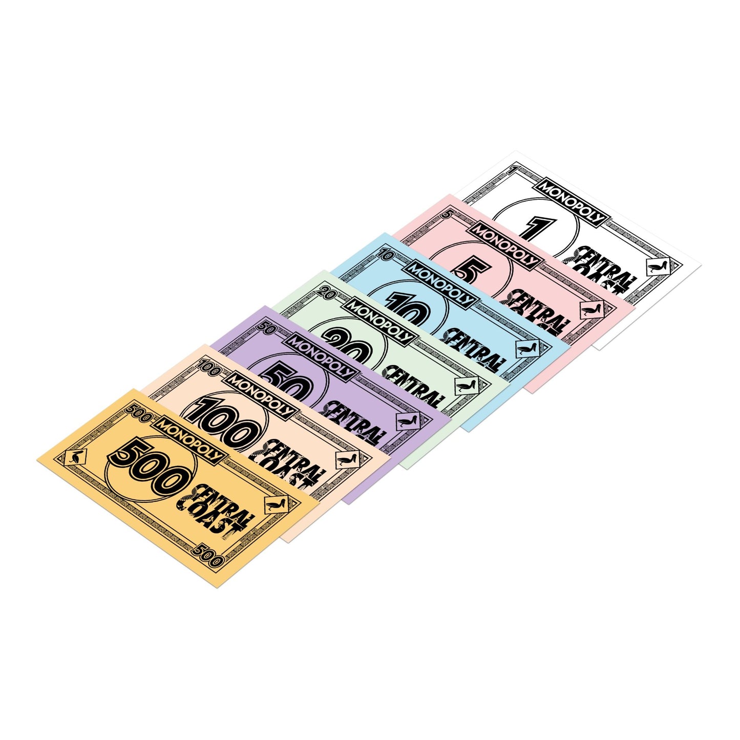 Fanned stack of colorful Monopoly money bills, showing denominations from 1 to 500