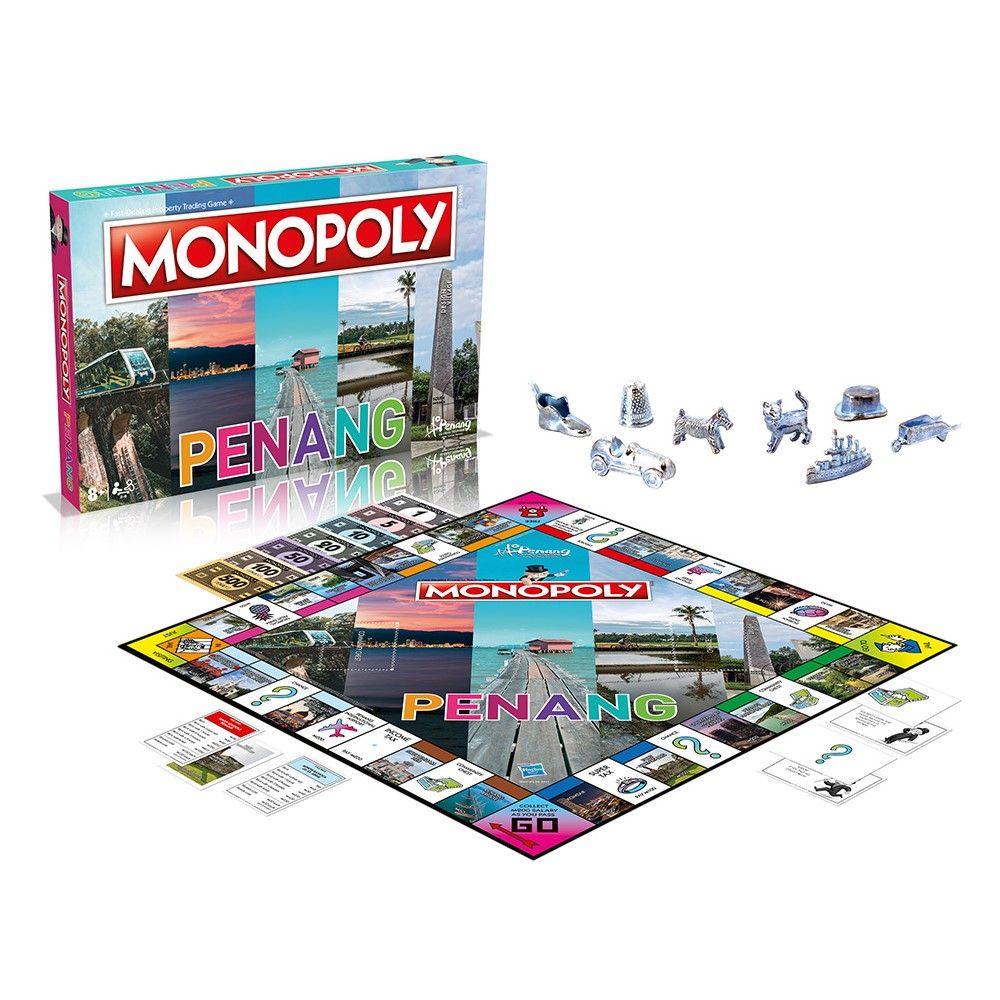 Monopoly Penang board game box, unfolded board, and shiny metal playing pieces displayed