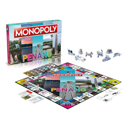 Monopoly Penang board game box, unfolded board, and shiny metal playing pieces displayed