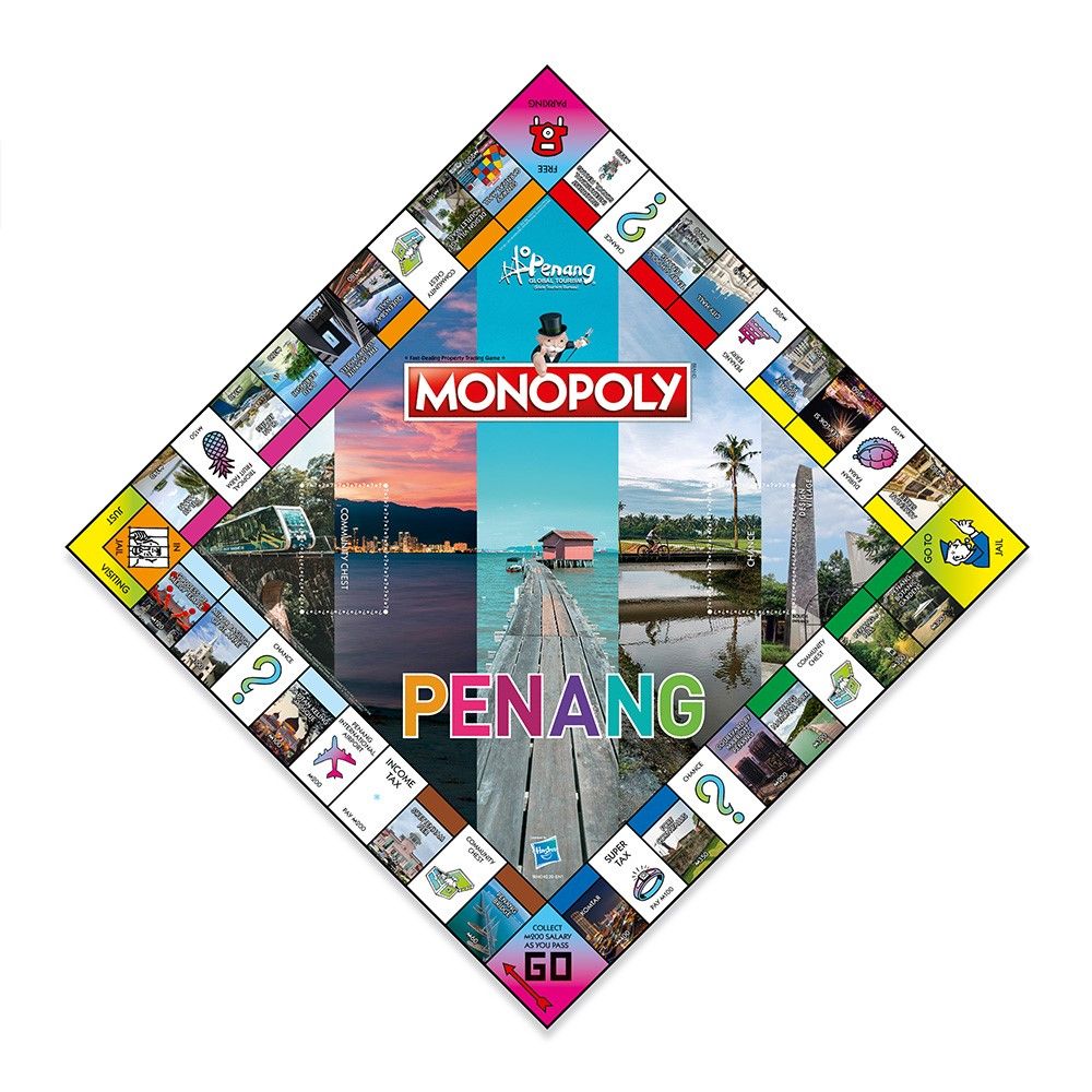 A diamond-shaped Monopoly board featuring iconic Penang landmarks