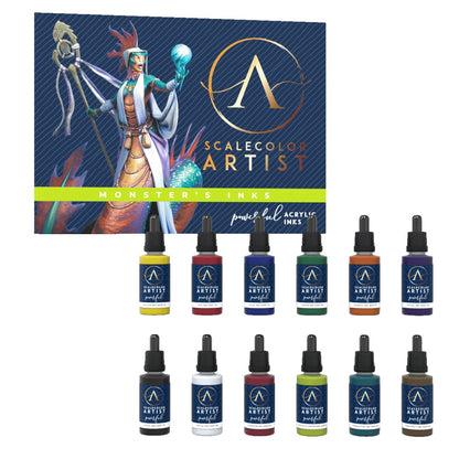 12-piece Scale 75 Scalecolor Artist 'Monster's Ink' heavy body paint set with its dark blue creature-illustrated box and a dozen dropper bottles in various colors