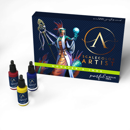 Scale 75 Scalecolor Artist Monster's Inks paint set, featuring a dark blue box with a fantasy creature illustration, and three dropper bottles of red, blue, and yellow inks