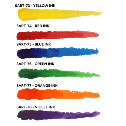 Color swatches from the Scale 75 Scalecolor Artist Heavy Body Paint Monster's Ink set, showing vivid yellow, red, blue, green, orange, and violet ink shades