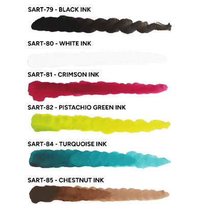 Color swatches for Scale 75 Monster's Ink, displaying black, white, crimson, pistachio green, turquoise, and chestnut ink shades