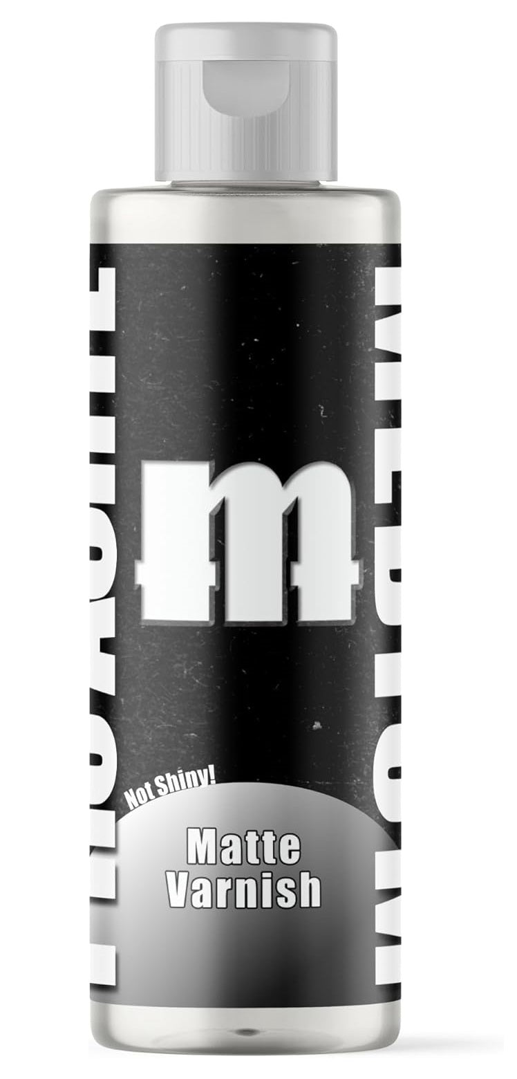 Clear bottle of Matte Varnish with a black label, white text and a white flip cap