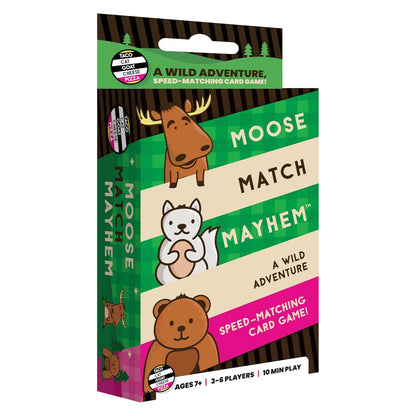 Moose Match Mayhem speed-matching card game box with cartoon illustrations of a moose, weasel, and bear