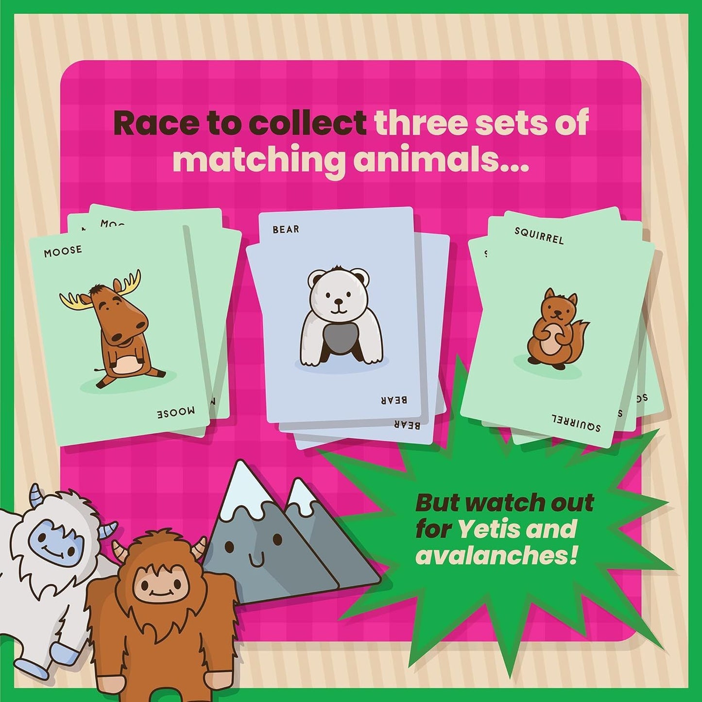 Cartoon card game graphic showing animal matching cards (moose, bear, squirrel), mountains, and two Yetis