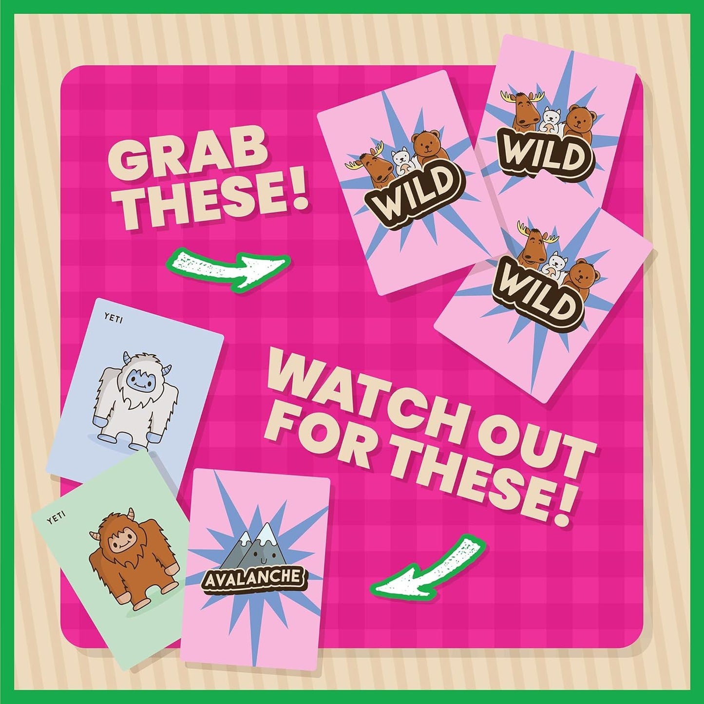 Game graphic: "Grab These!" pointing to WILD cards; "Watch Out For These!" pointing to YETI and AVALANCHE cards