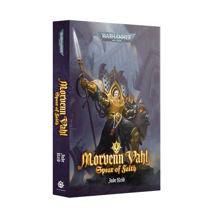 Cover art for Morvenn Vahl: Spear of Faith. A golden-armoured warrior raises a glowing lance
