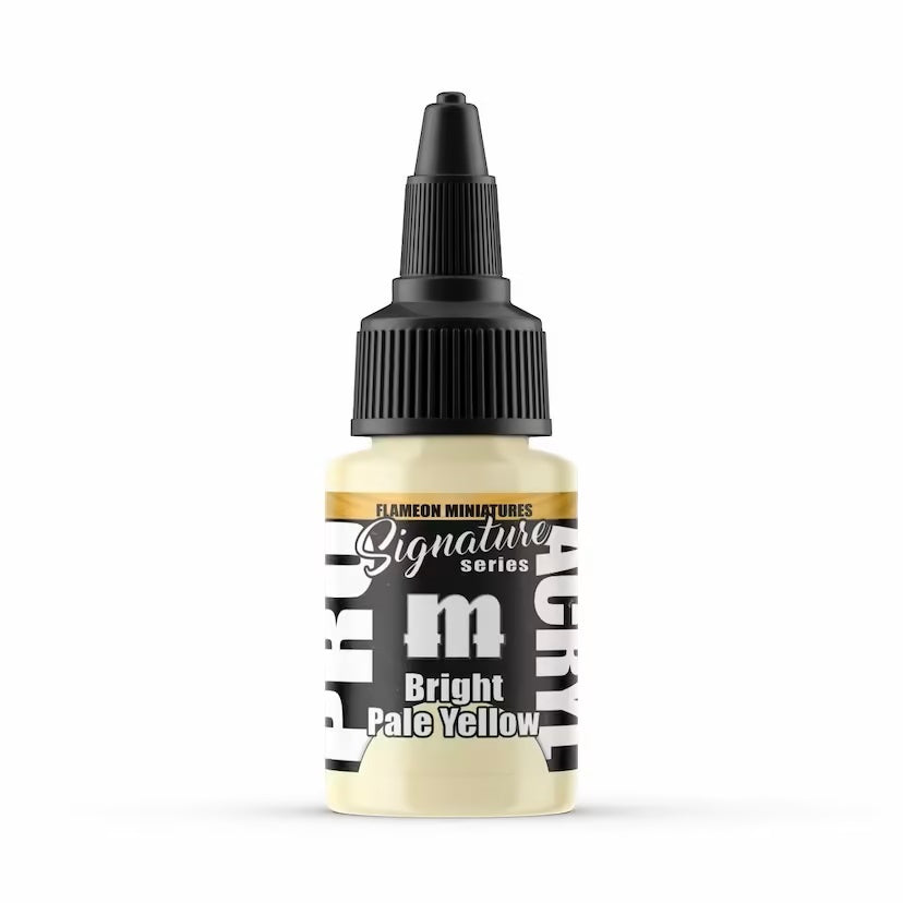 Monument Hobbies Signature Series Flameon Miniatures Bright Pale Yellow paint bottle with a black dropper cap