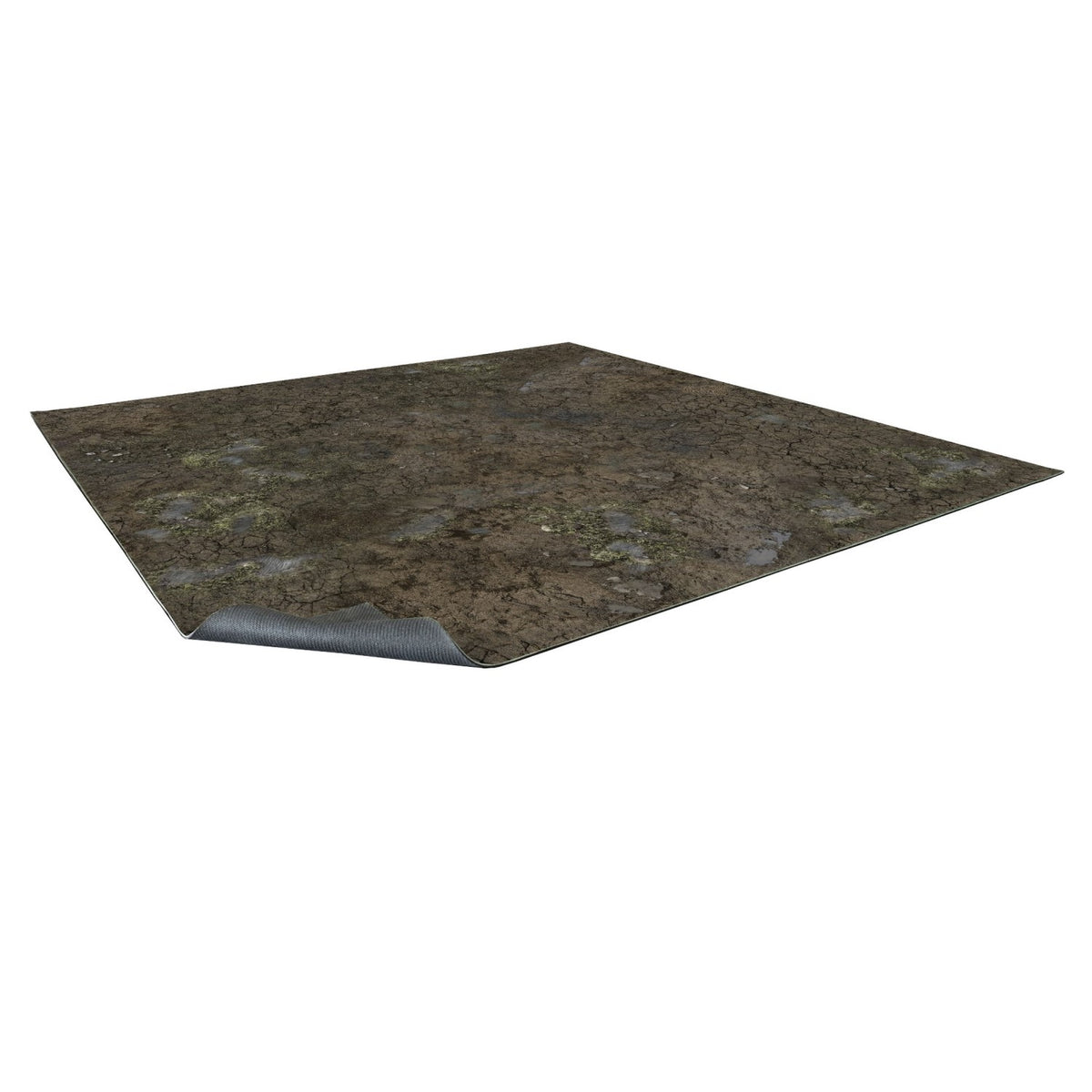 Rectangular gaming mat with a cracked mud and puddle design, one corner slightly lifted to show a gray textured underside.