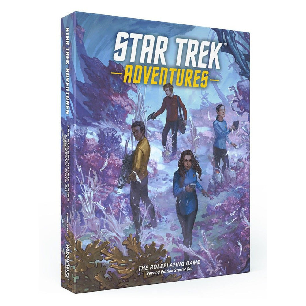 Star Trek Adventures: The Roleplaying Game Second Edition Starter Set box. Cover art features four Starfleet officers exploring a vibrant alien landscape