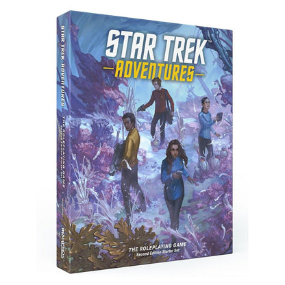 Star Trek Adventures: The Roleplaying Game Second Edition Starter Set box. Cover art features four Starfleet officers exploring a vibrant alien landscape