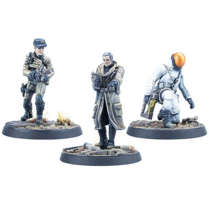 Three painted miniatures: a standing female soldier, a man in a long coat, and a kneeling astronaut with a robot. All armed.