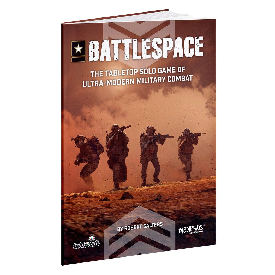 Four modern soldiers run with rifles on a dusty battlefield. Cover for 'Battlespace,' a tabletop military game