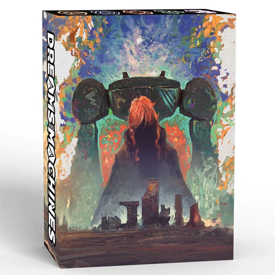 Box cover for 'Dreams & Machines' showing a red-haired figure facing a colossal dark machine or monoliths in a ruined landscape.