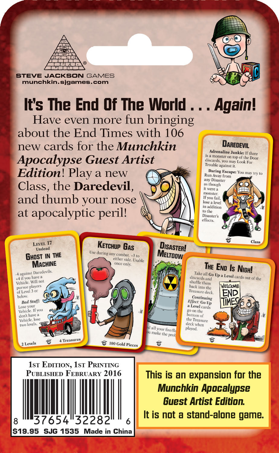 Back of a Munchkin Apocalypse expansion box: features cartoon art of a baby with a knife, a mad scientist, and example game cards