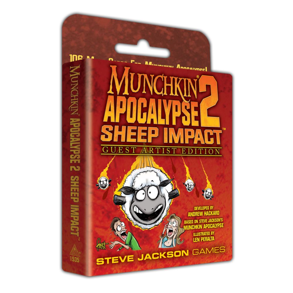 A red &quot;Munchkin Apocalypse 2 Sheep Impact&quot; game box with a grinning sheep falling towards two terrified cartoon people