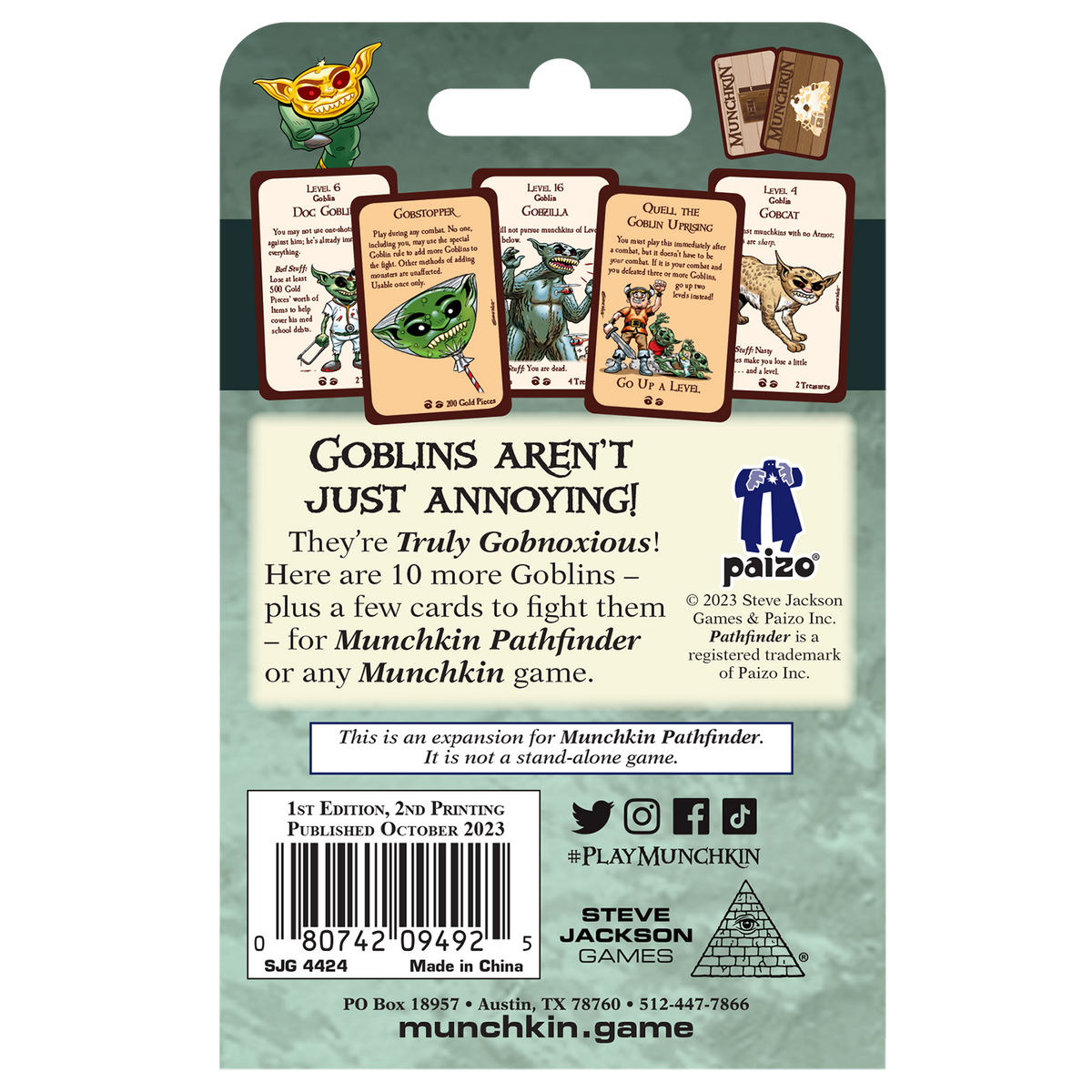 Back of a Munchkin Pathfinder expansion pack featuring goblin monster cards and text: &quot;Goblins Aren&#39;t Just Annoying!&quot;
