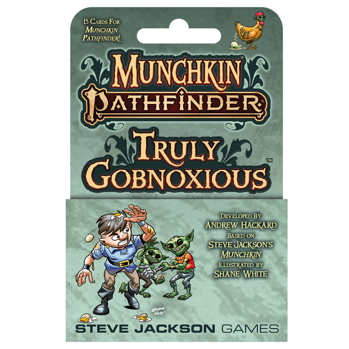 Munchkin Pathfinder Truly Gobnoxious cover: A startled man is egged by goblins, with a chicken in sunglasses