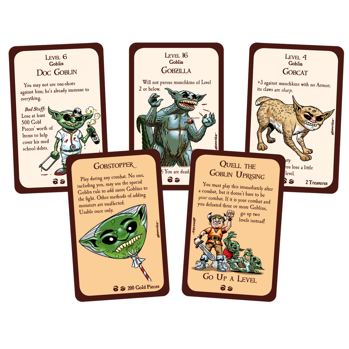 Five fantasy game cards displaying various goblin monsters, items, and action effects