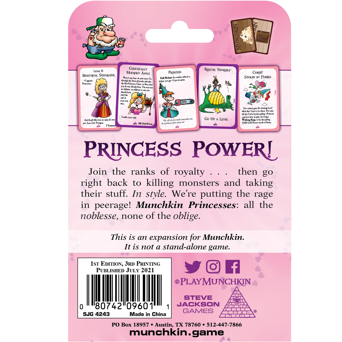Back of the &quot;Princess Power&quot; Munchkin expansion box, featuring quirky princess-themed game cards