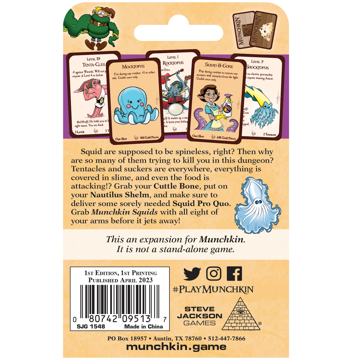 Back of Munchkin Squids expansion box art showing humorous squid-themed monster cards and game info