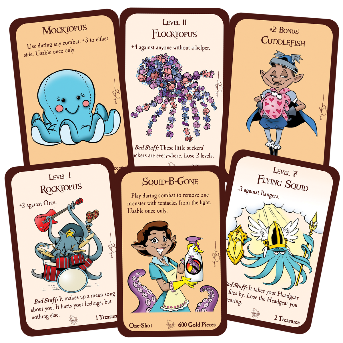 Humorous game cards featuring octopus and squid characters as plush toys, rock stars, and warriors