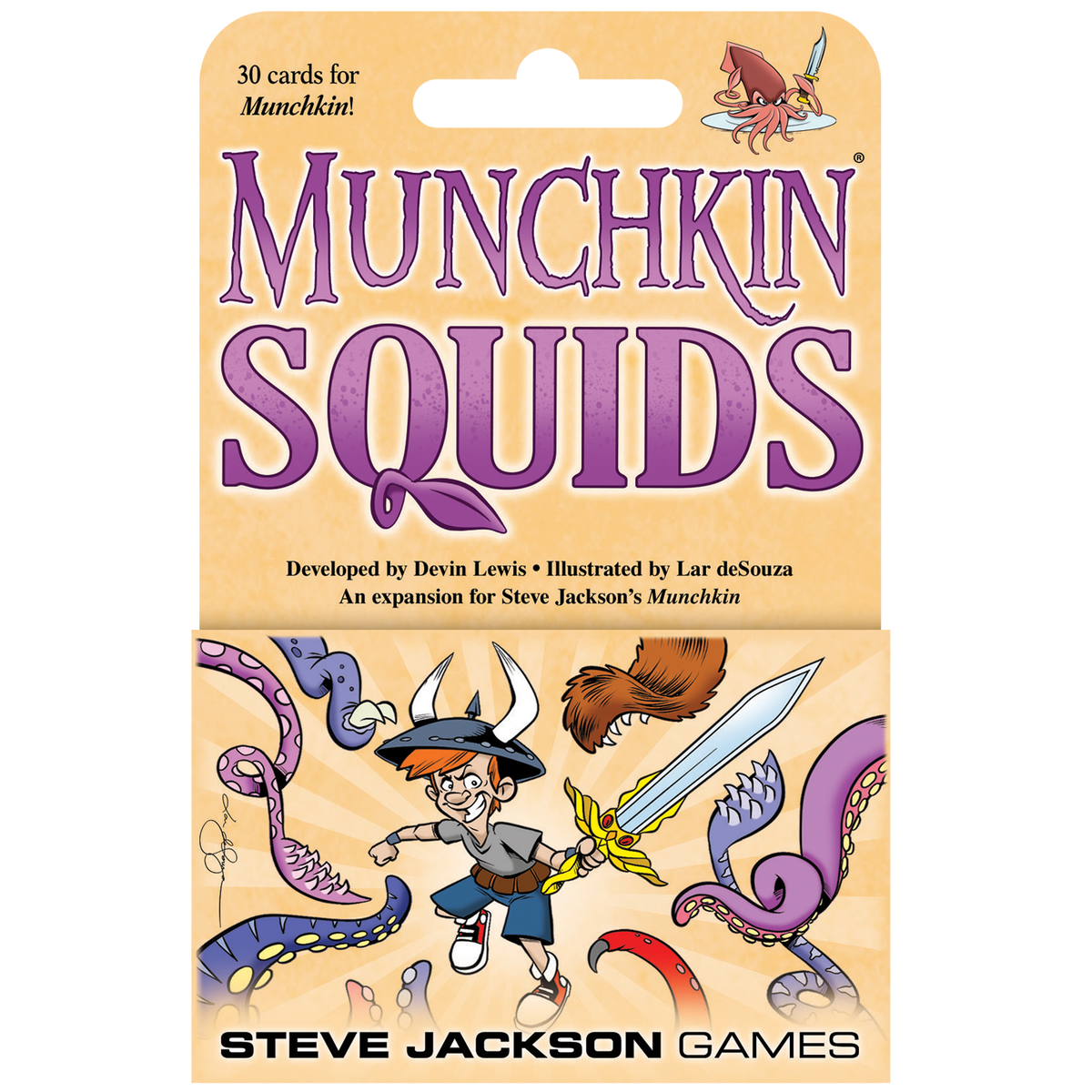 Munchkin Squids game box: A grinning boy with sword and horned helmet battles colorful tentacles, a pirate squid holds a sword