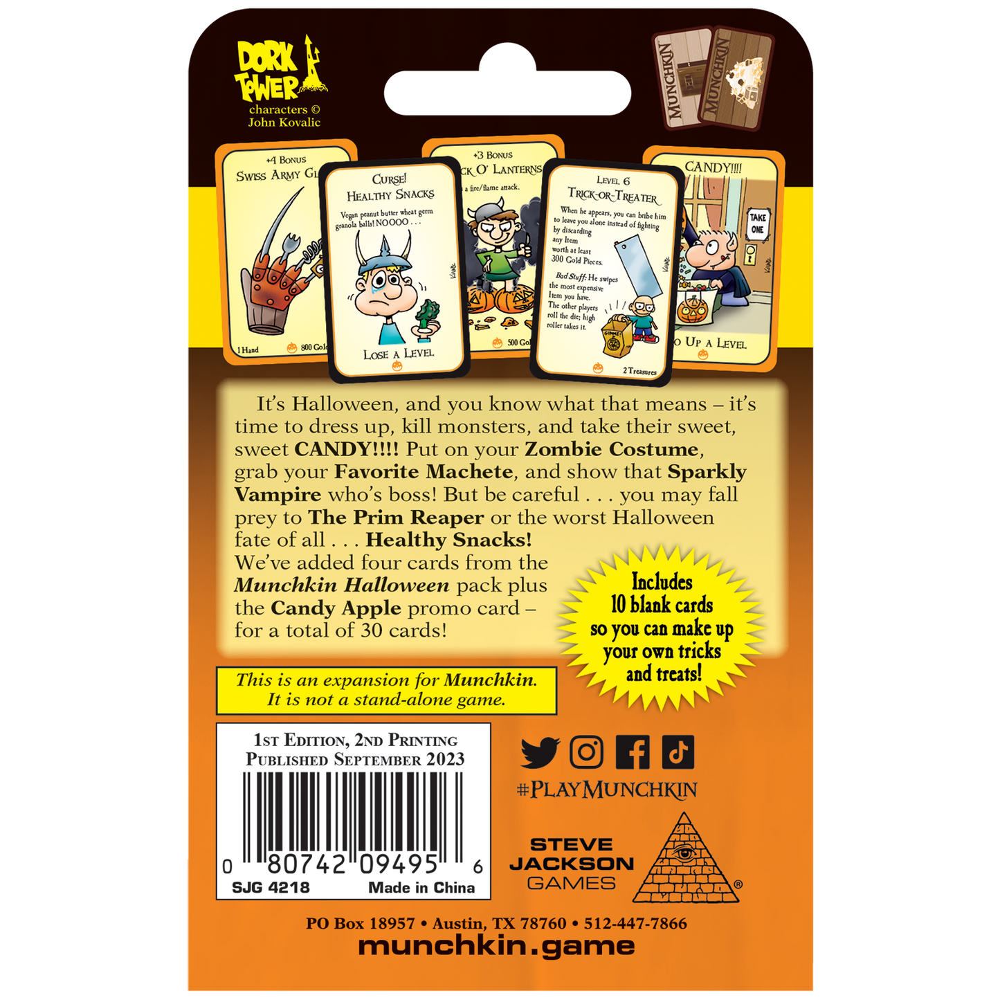Munchkin Halloween game expansion displaying multiple illustrated cards and game description