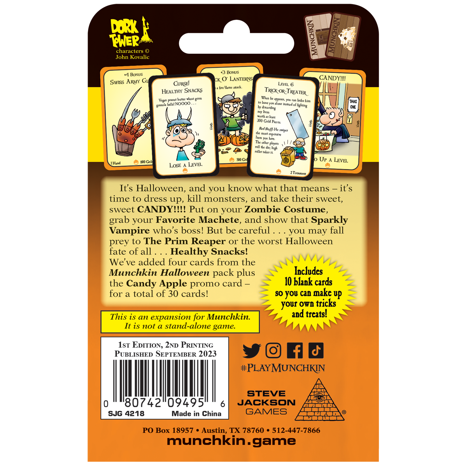 Munchkin Halloween game expansion displaying multiple illustrated cards and game description