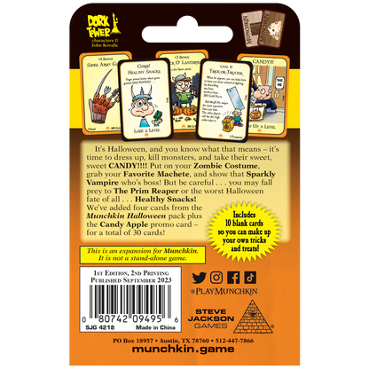 Munchkin Halloween game expansion displaying multiple illustrated cards and game description