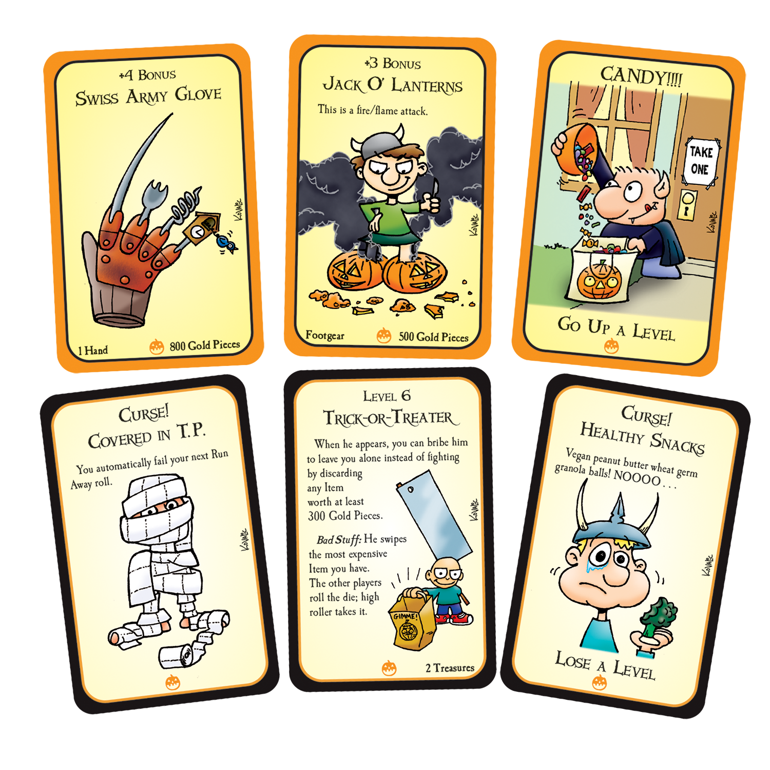 Six colourful, cartoon-style game cards featuring fantasy characters and Halloween elements