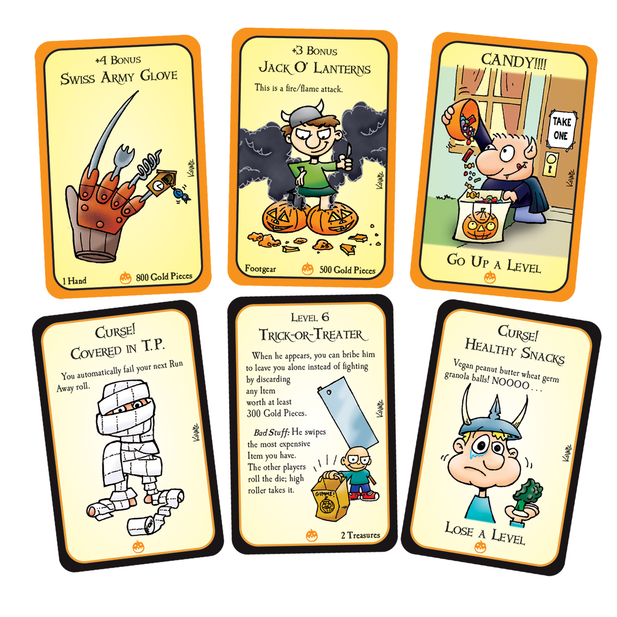 Six colourful, cartoon-style game cards featuring fantasy characters and Halloween elements