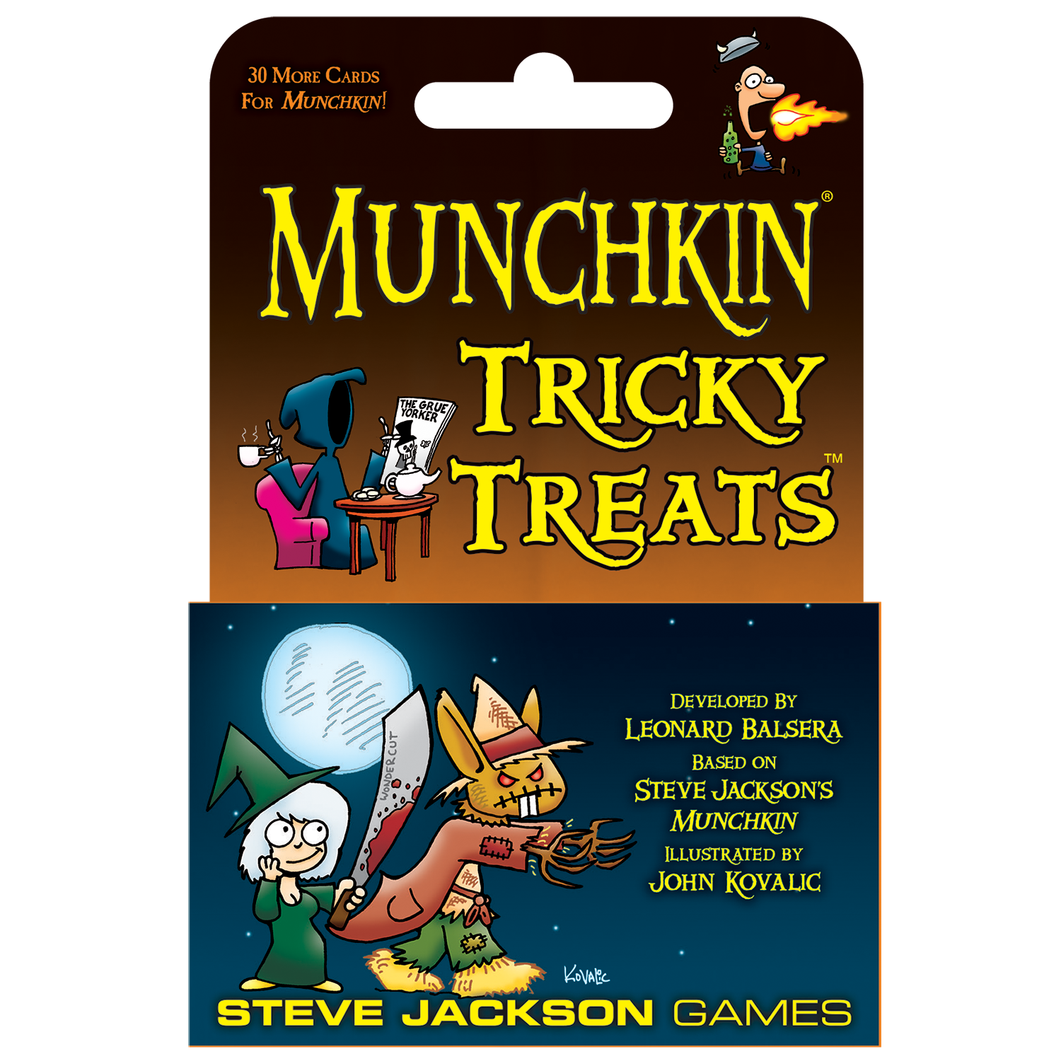 Munchkin Tricky Treats game cover featuring a grim reaper, fire-breathing man, witch, and machete-wielding scarecrow