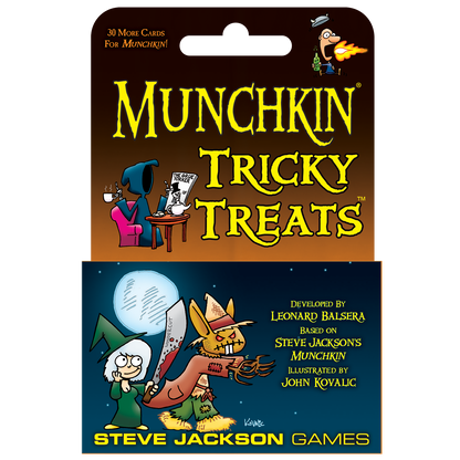 Munchkin Tricky Treats game cover featuring a grim reaper, fire-breathing man, witch, and machete-wielding scarecrow
