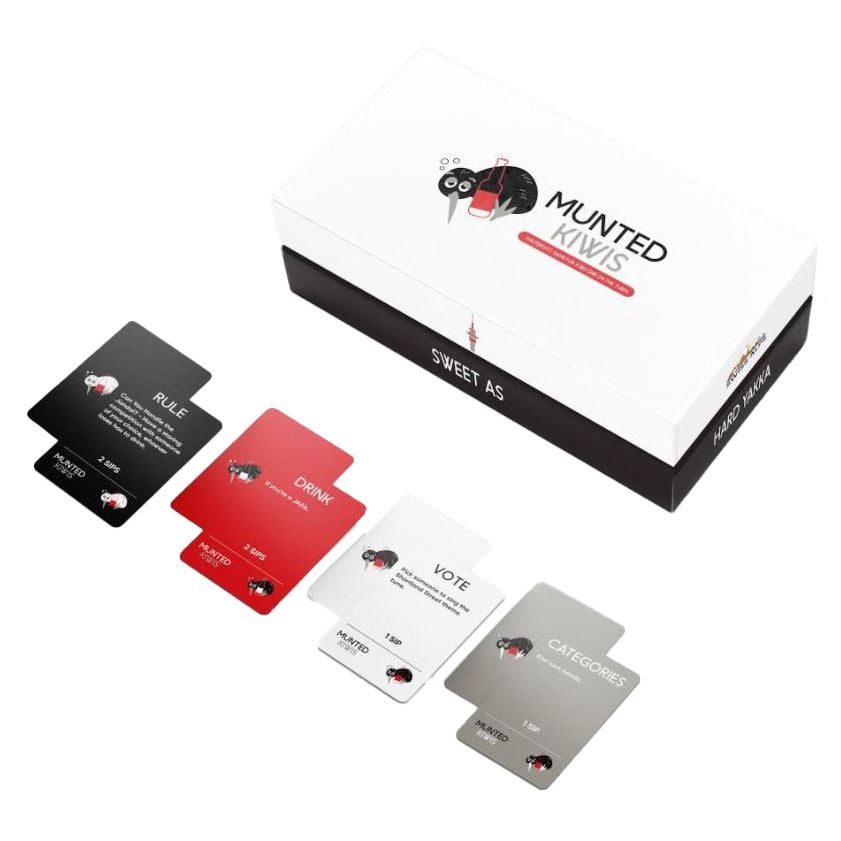 Munted Kiwis card game box packaging with colorful cards