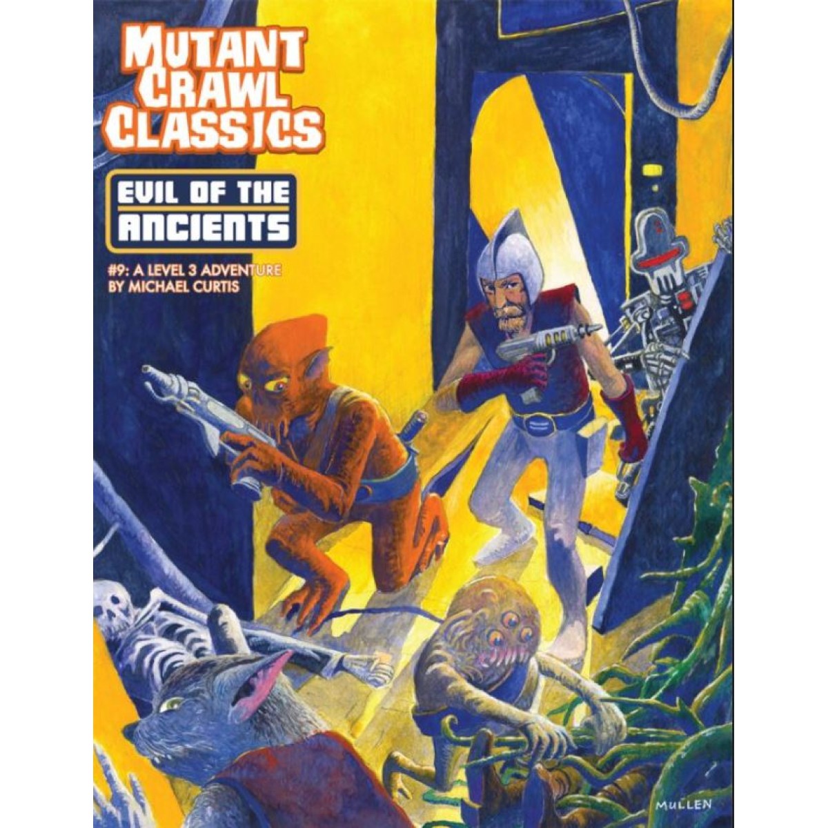 Mutant Crawl Classics cover: Bearded human and orange alien with ray guns explore ancient ruins with mutants