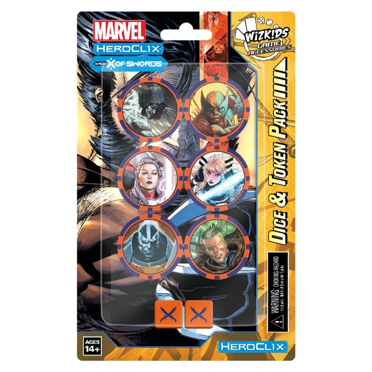 Marvel HeroClix X-Men X of Swords Dice & Token Pack. Wolverine art, 6 character tokens, and 2 orange X dice visible