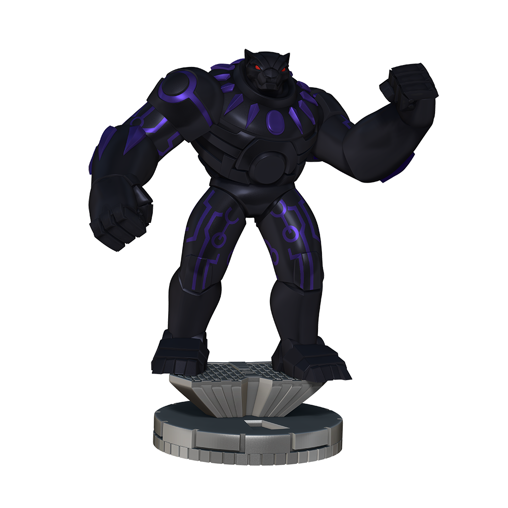 Armored Black Panther figure, black with purple glowing lines &amp; red eyes, standing on a base with a raised fist