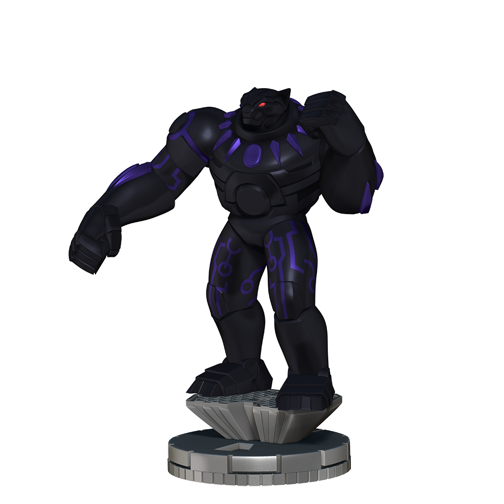 Armored Black Panther figure with red eyes and purple details, standing on a base