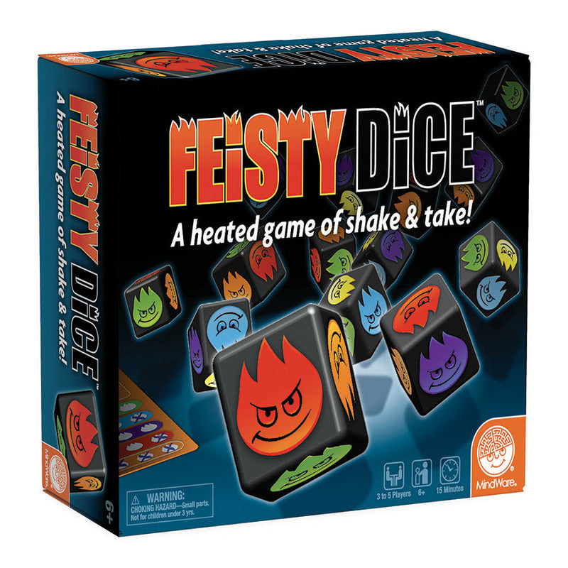 MindWare Feisty Dice game box, dice with flame faces