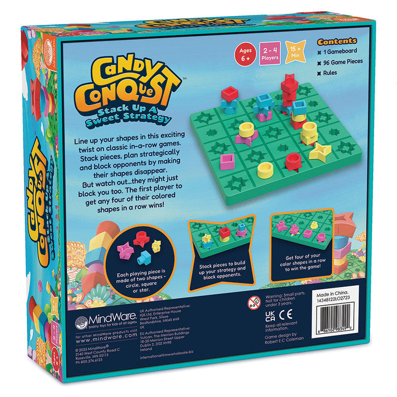 MindWare Candy Conquest game box back, gameboard, player pieces, and description