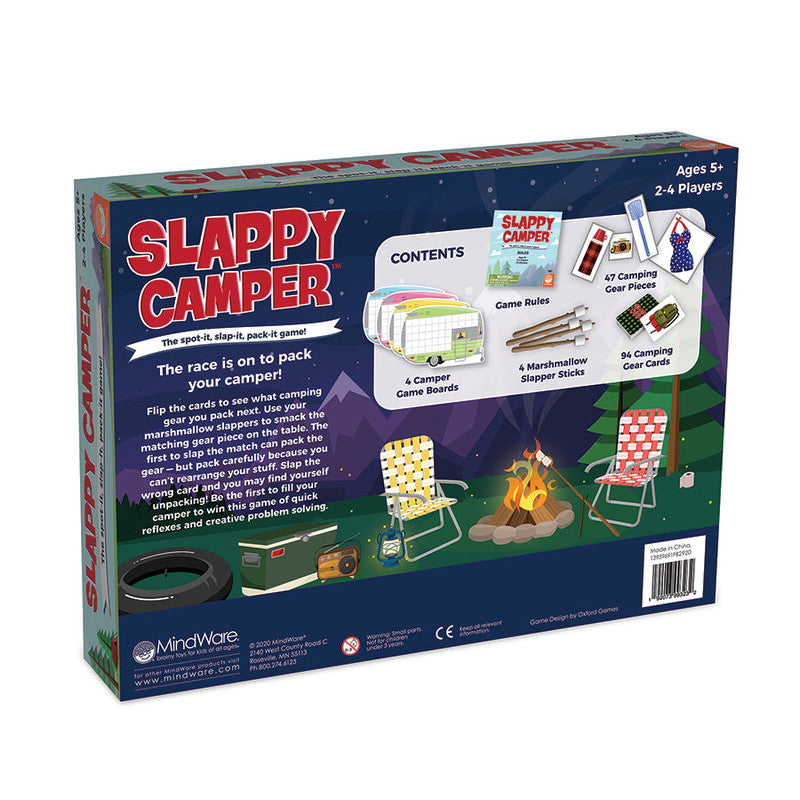 MindWare Slappy Camper board game box, colorful camping scene, ages 5+, 2-4 players