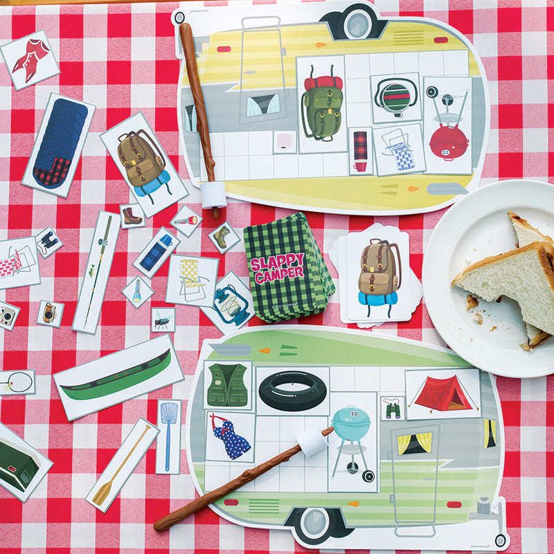 MindWare Slappy Camper game pieces on checkered picnic blanket with plate of toast