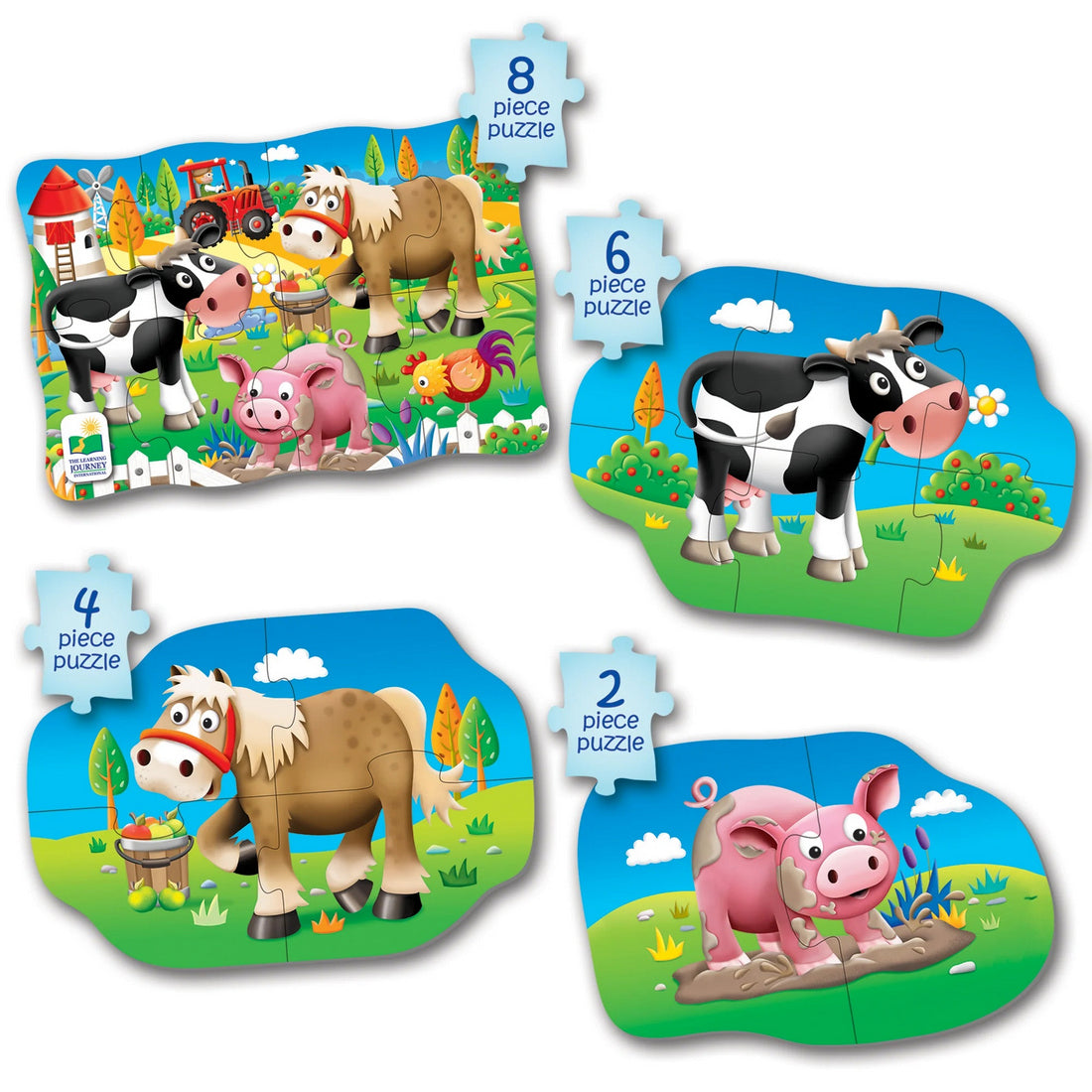 Four children's jigsaw puzzles featuring farm animals, labeled 8, 6, 4, and 2 pieces