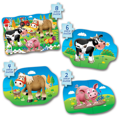 Four children's jigsaw puzzles featuring farm animals, labeled 8, 6, 4, and 2 pieces