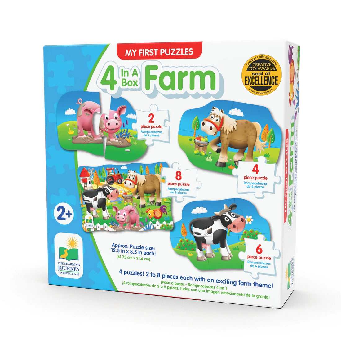 Box for "My First Puzzles 4 In A Box Farm," featuring images of animal puzzles with 2, 4, 6, and 8 pieces