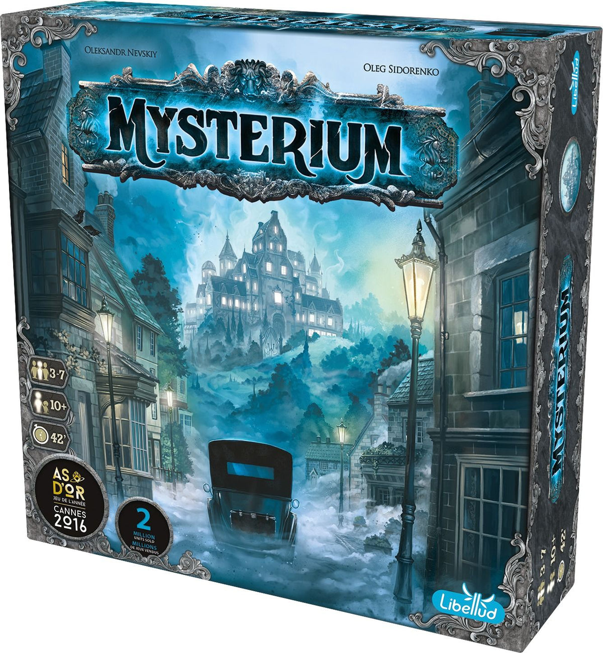 Refreshed box art of the Mysterium board game featuring a ghostly mansion